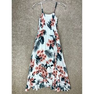 Camellia Floral Smocked High Low Maxi Dress Womens S White Pink Tropical Beach